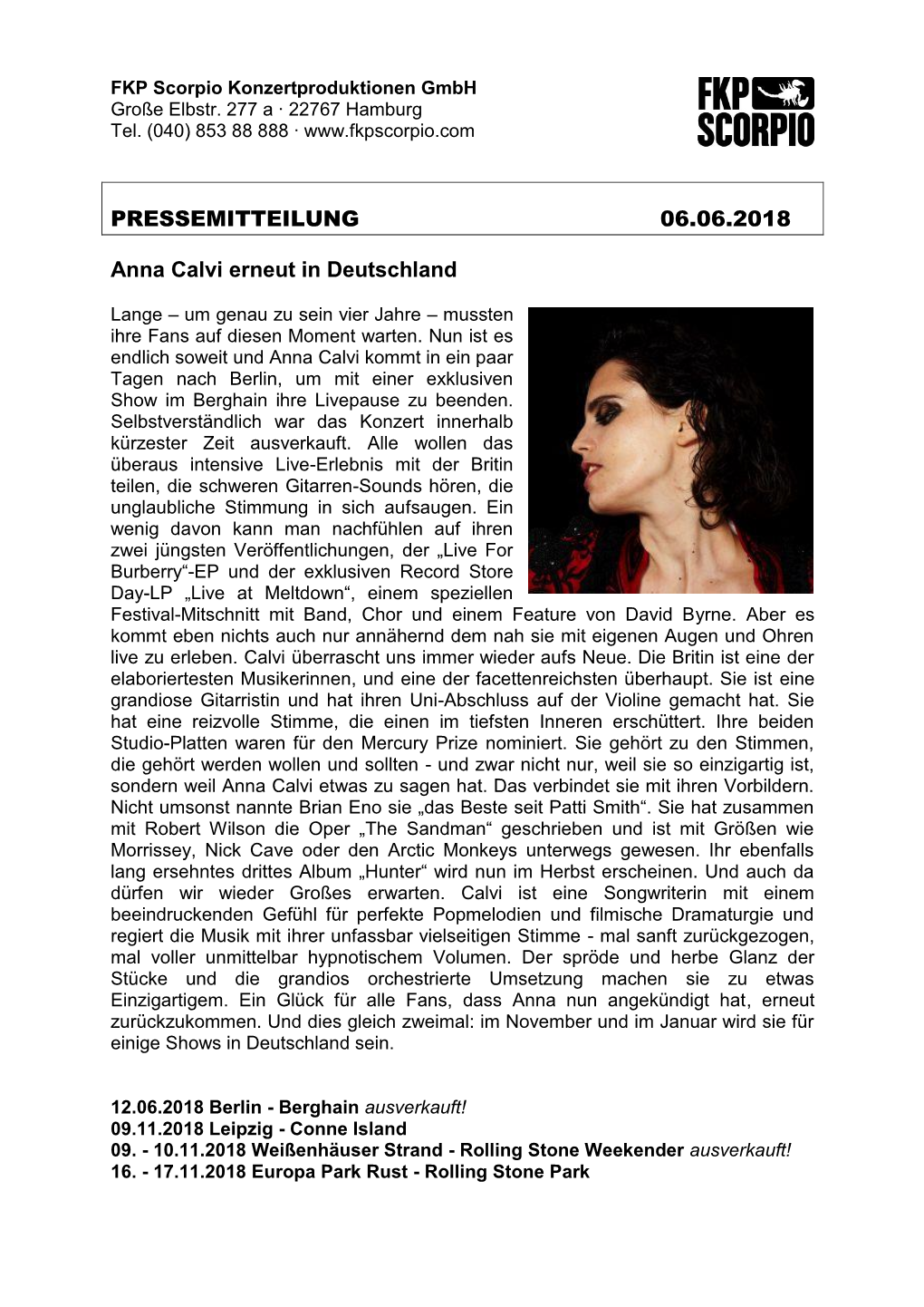 PRESSEMITTEILUNG 06.06.2018 Anna Calvi Erneut