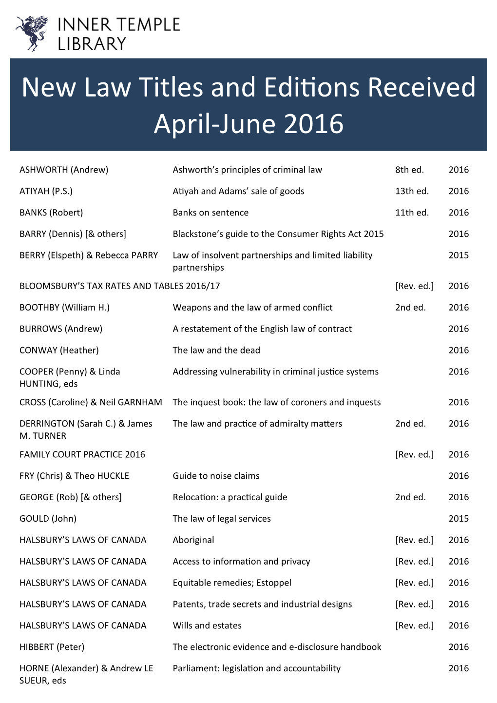 New Law Titles and Editions Received April-June 2016