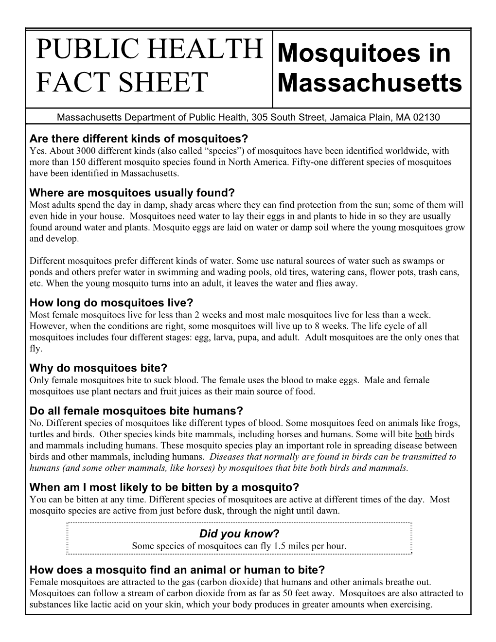 Public Health Fact Sheet on Mosquito Repellents Online At