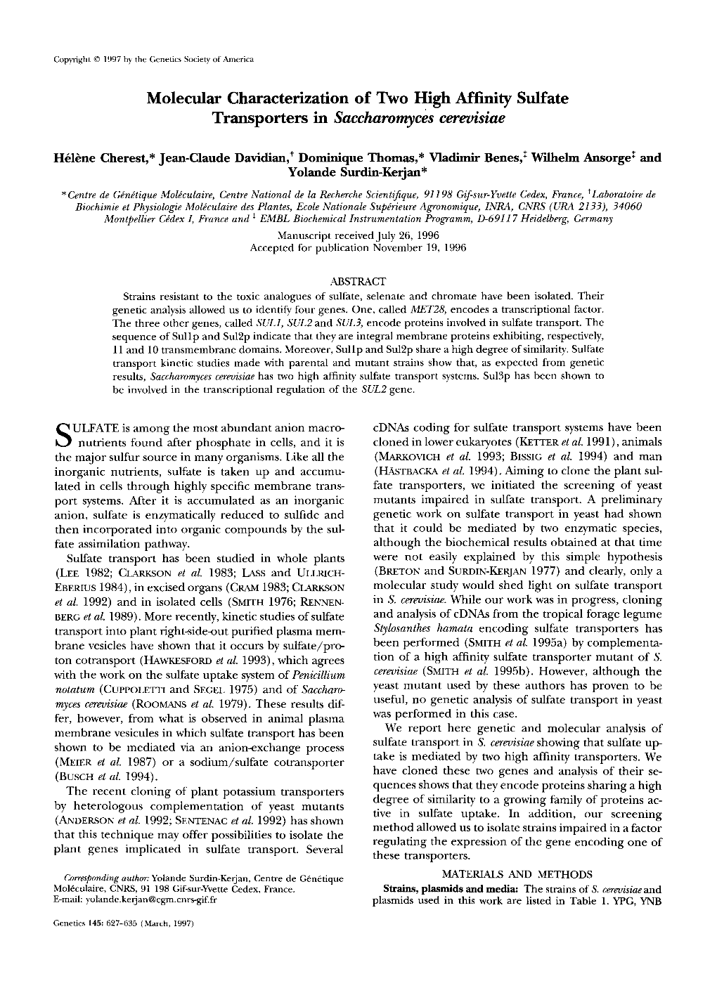 Molecular Characterization of Two High Affinity Sulfate Transporters in Saccharomyces Cer&Sicte