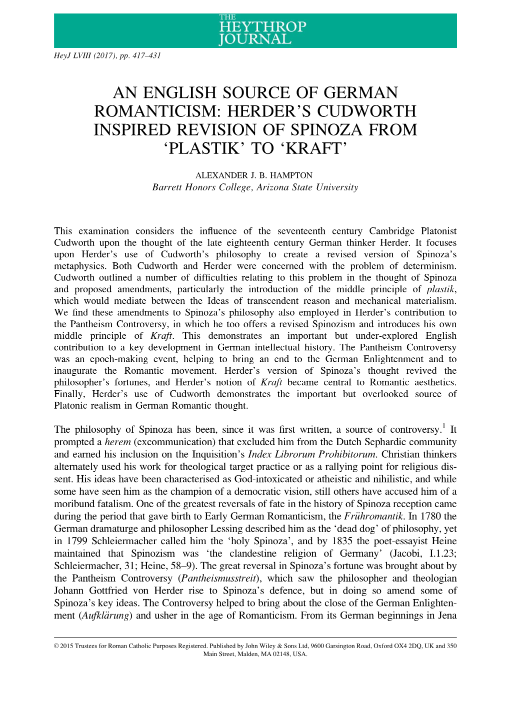 Herder's Cudworth Inspired Revision of Spinoza from 'Plastik'