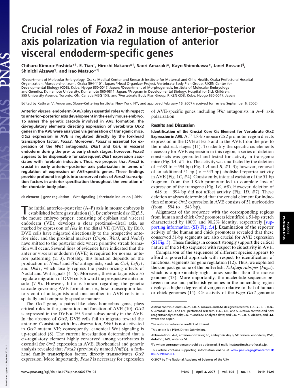 Crucial Roles of Foxa2 in Mouse Anterior–Posterior Axis Polarization Via Regulation of Anterior Visceral Endoderm-Specific Genes