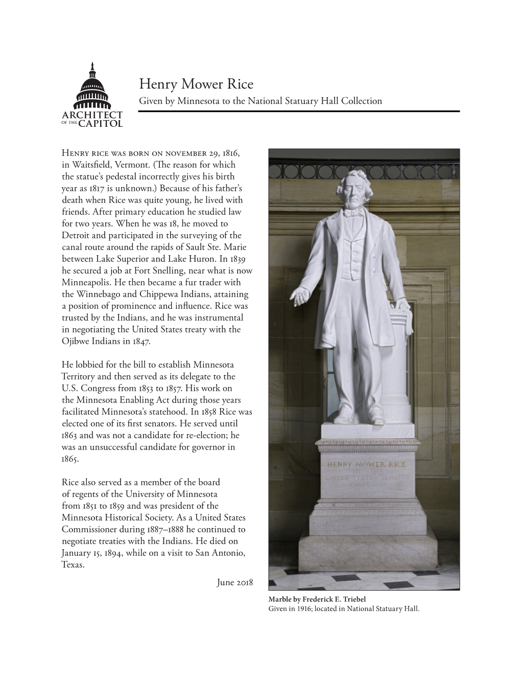 Henry Mower Rice Given by Minnesota to the National Statuary Hall Collection