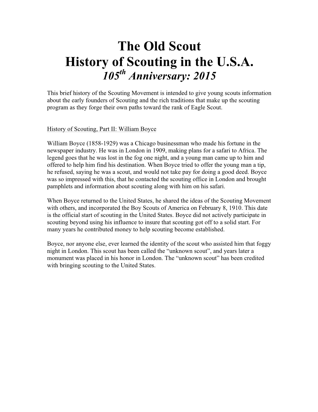 The Old Scout History of Scouting in the U.S.A. 105Th Anniversary: 2015