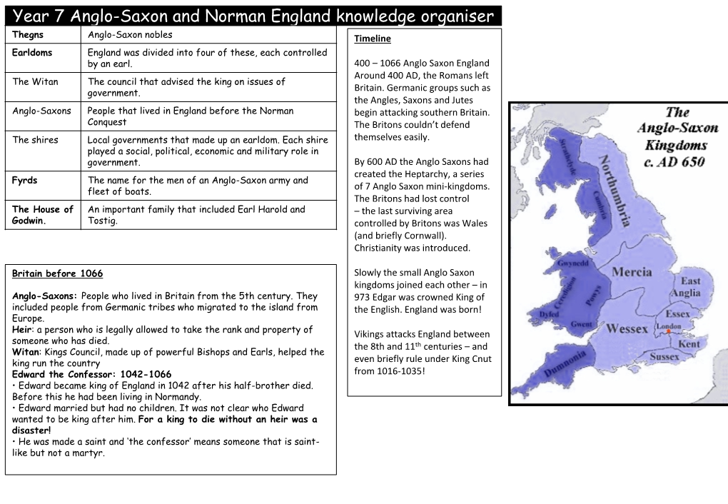 Year 7 Anglo-Saxon and Norman England Knowledge Organiser