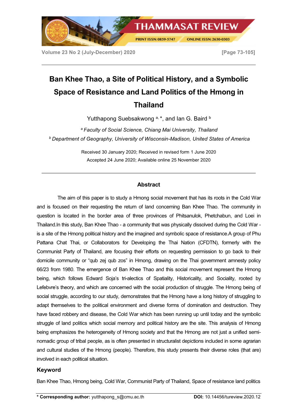 Ban Khee Thao, a Site of Political History, and a Symbolic Space of Resistance and Land Politics of the Hmong in Thailand