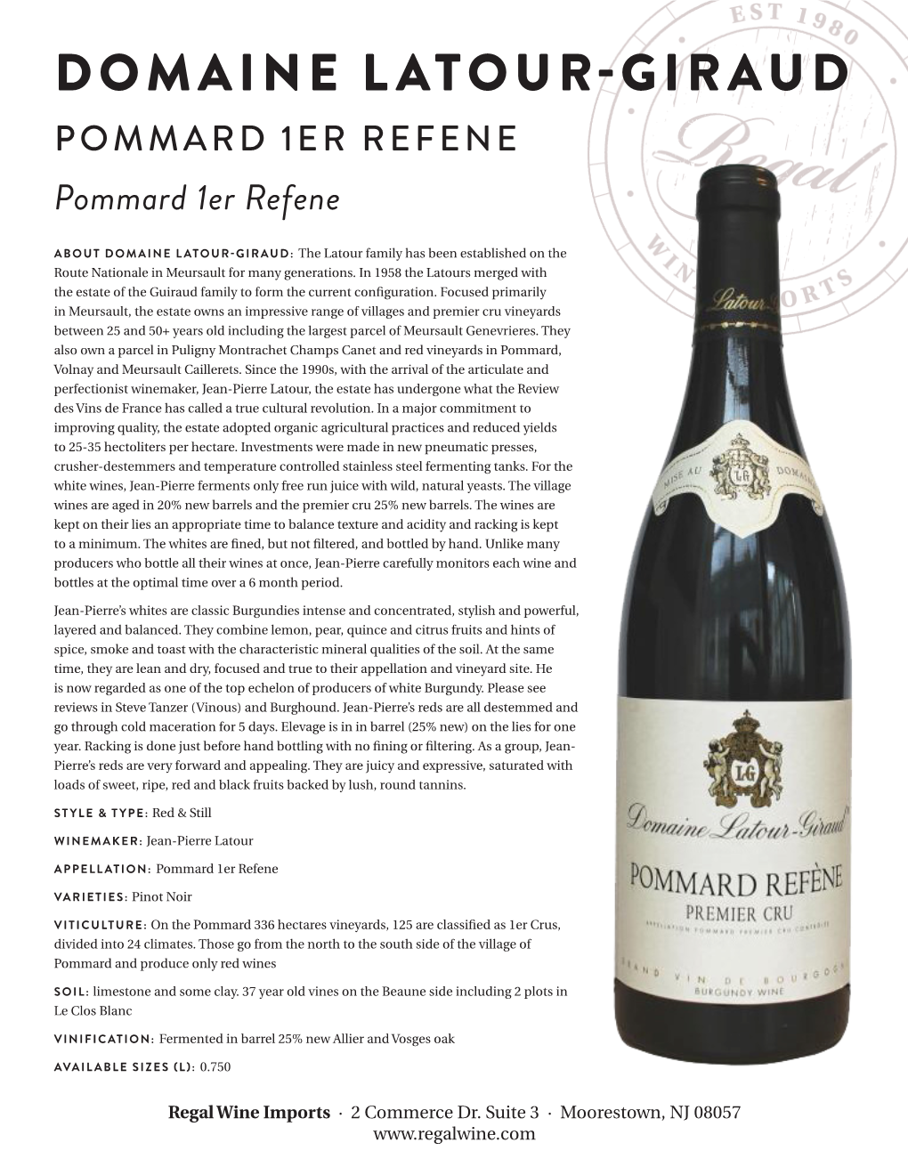 DOMAINE LATOUR-GIRAUD POMMARD 1ER REFENE Pommard 1Er Refene