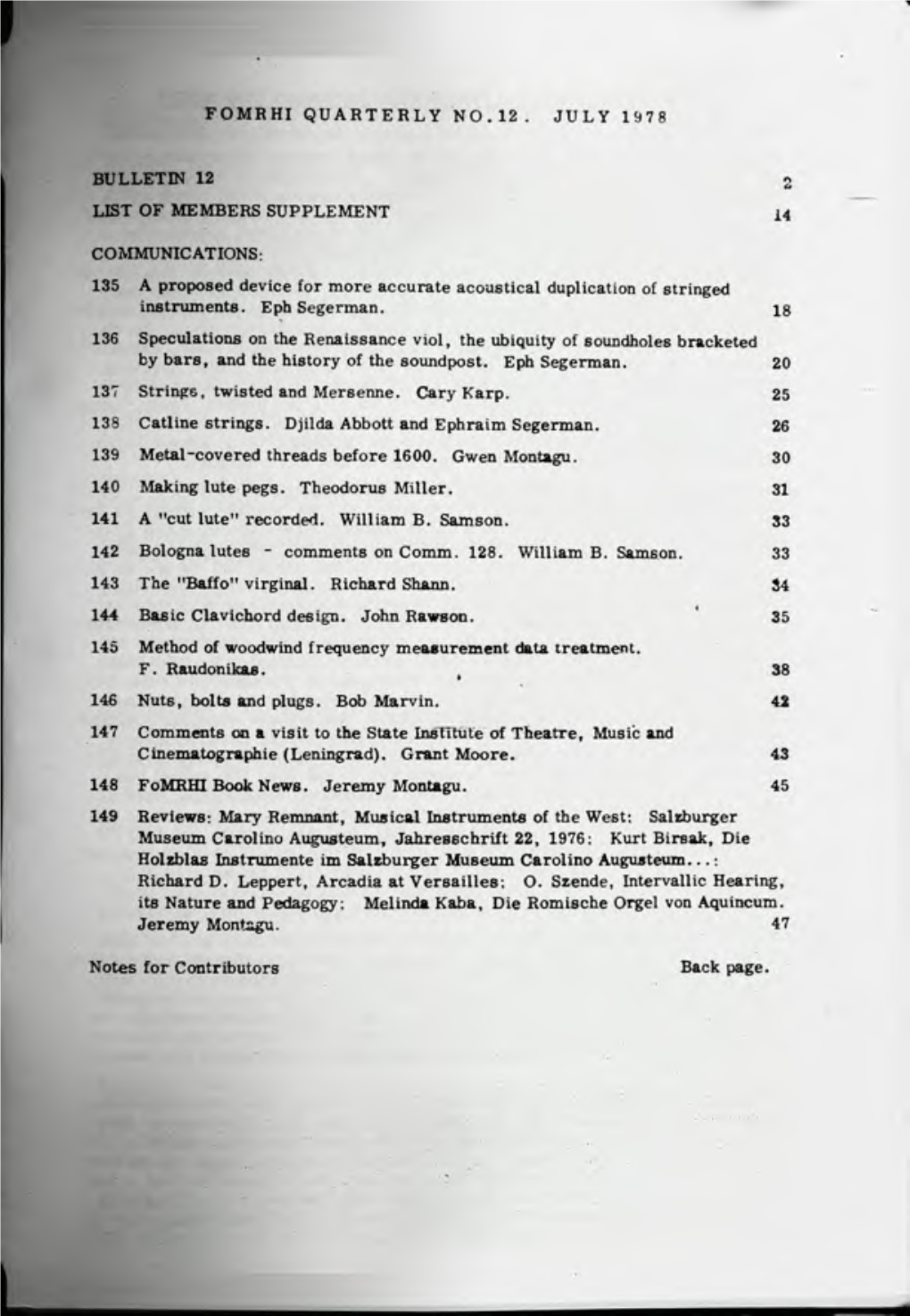 Fomrhi Quarterly No.12. July 1978 Bulletin 12 List Of