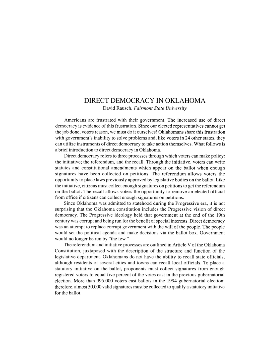 DIRECT DEMOCRACY in OKLAHOMA David Rausch, Fairmont State University