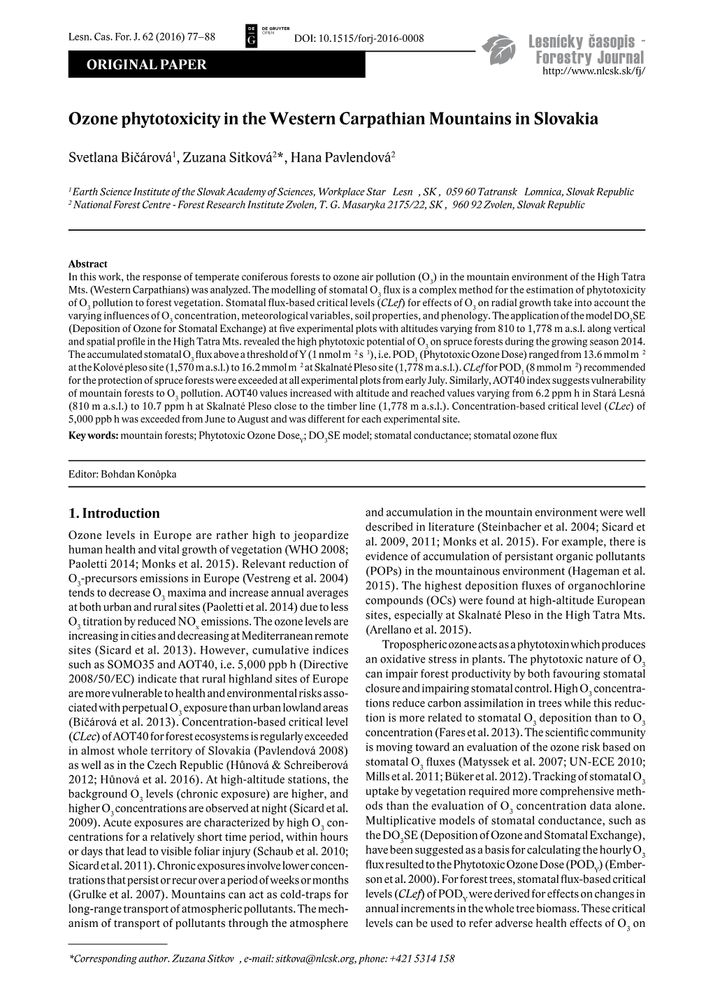 Ozone Phytotoxicity in the Western Carpathian Mountains in Slovakia