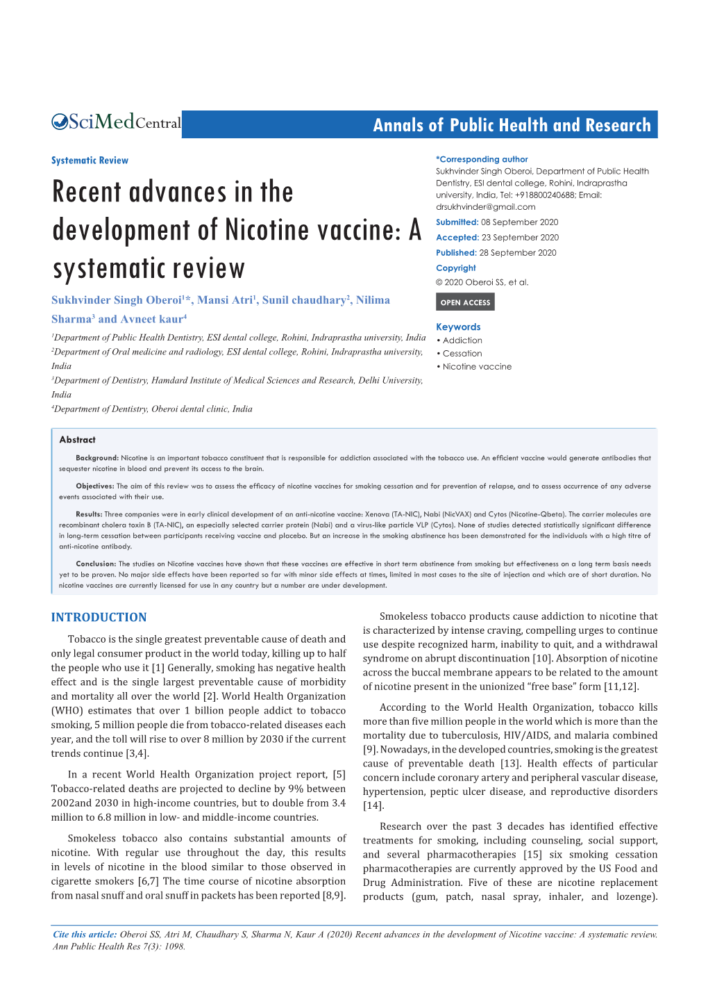Recent Advances in the Development of Nicotine Vaccine: a Systematic Review