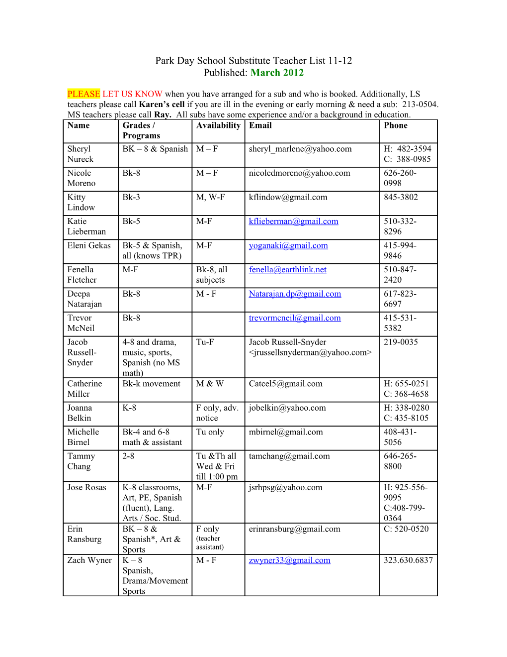 Park Day School Substitute Teacher List 06-07