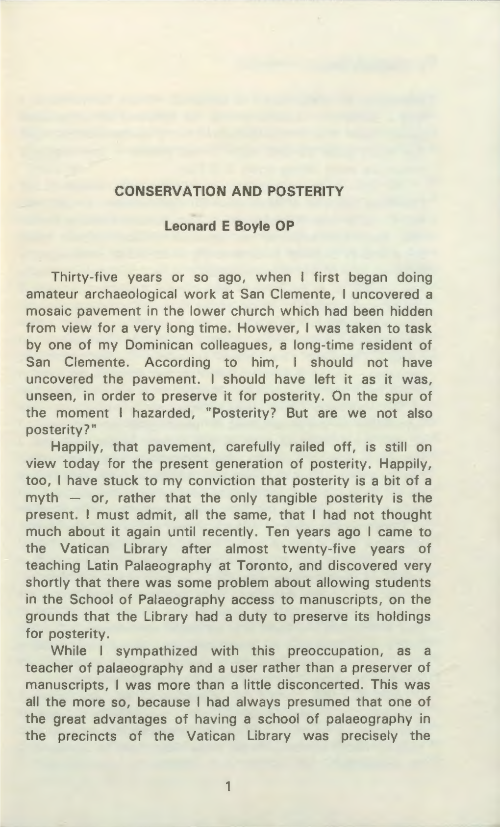 CONSERVATION and POSTERITY Leonard E Boyle OP