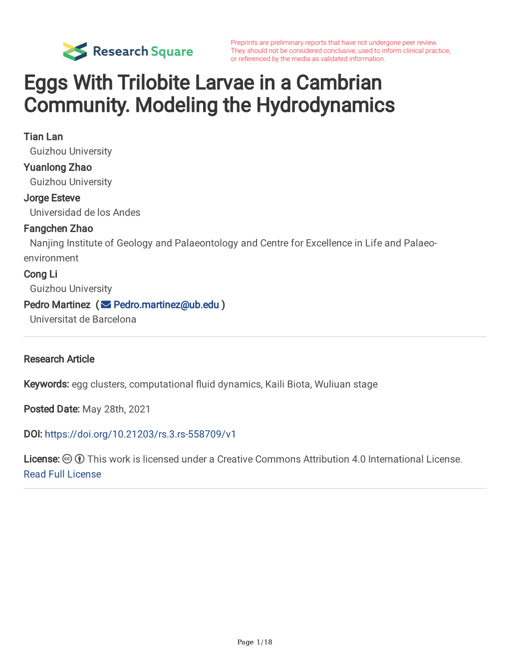 Eggs with Trilobite Larvae in a Cambrian Community. Modeling the Hydrodynamics