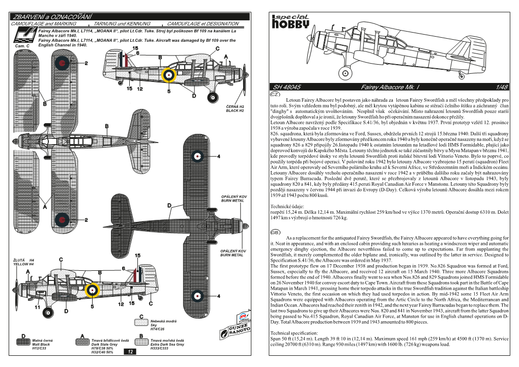 ZBARVENÍ a OZNACOVÁNÍ SH 48045 Fairey Albacore Mk. I 1/48