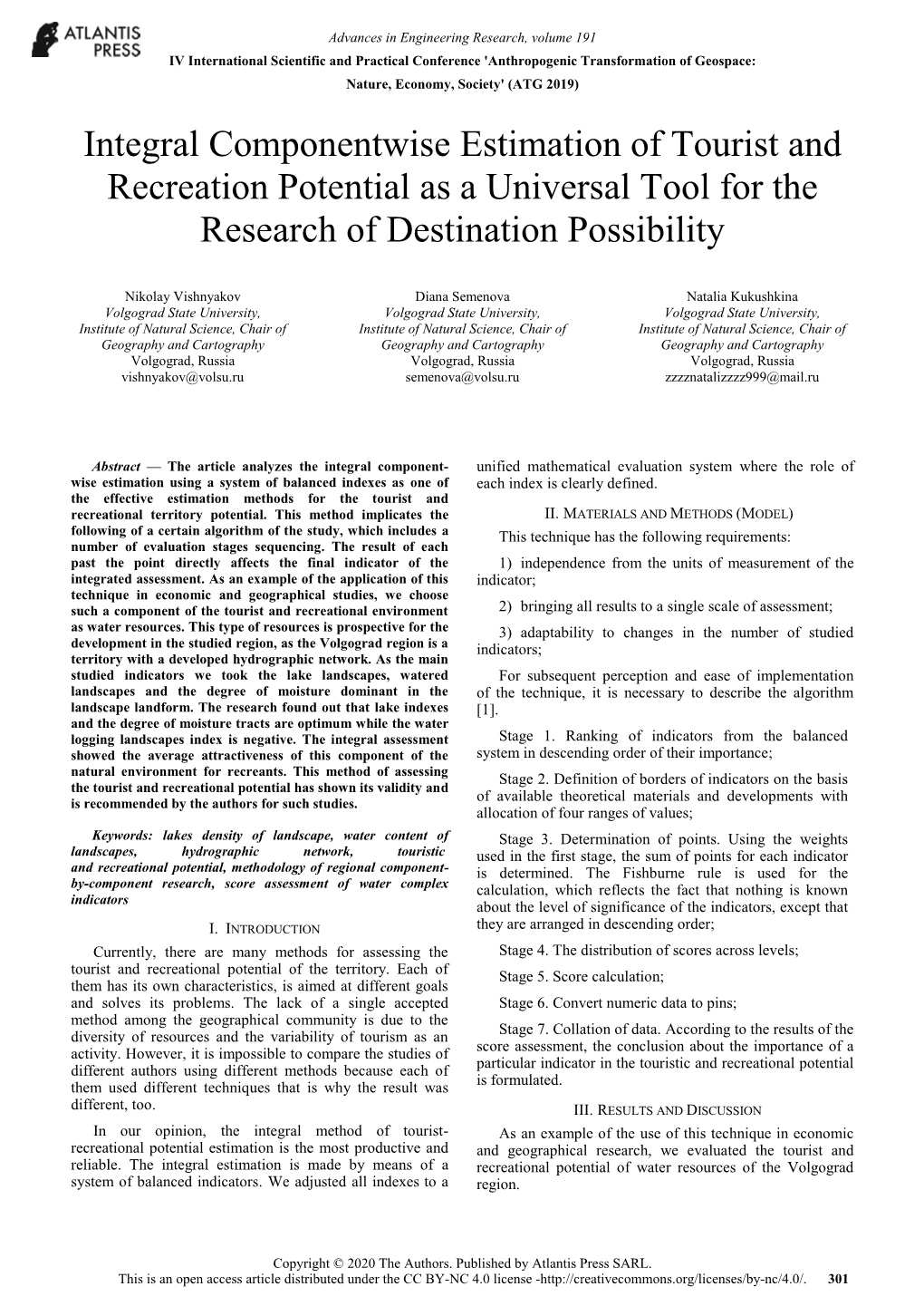 Integral Componentwise Estimation of Tourist and Recreation Potential As a Universal Tool for the Research of Destination Possibility