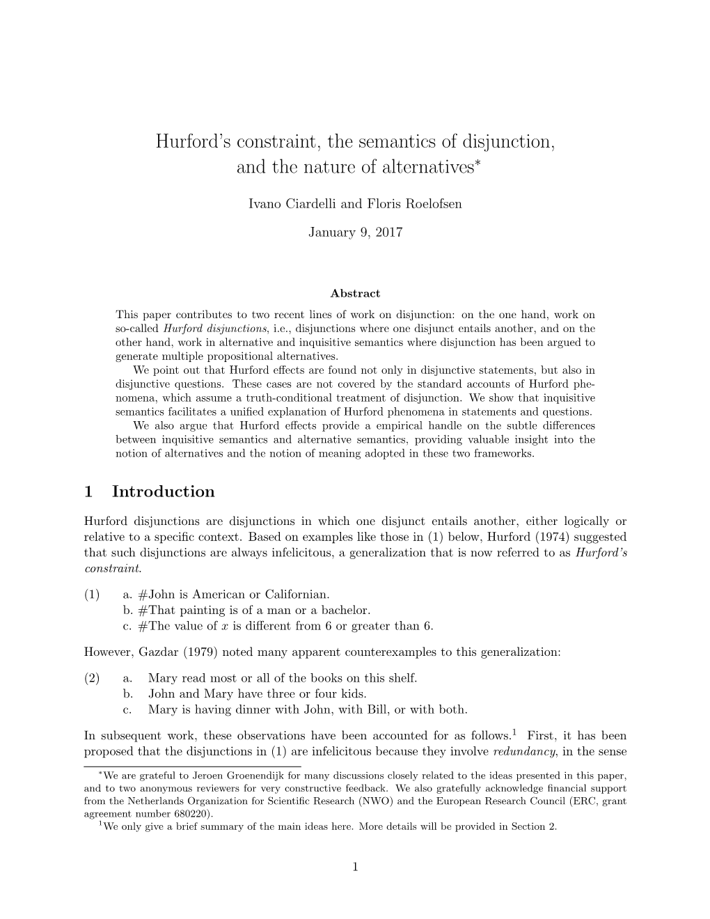 Hurford's Constraint, the Semantics of Disjunction