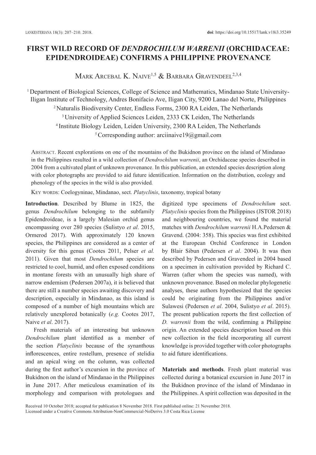 First Wild Record of Dendrochilum Warrenii (Orchidaceae: Epidendroideae) Confirms a Philippine Provenance