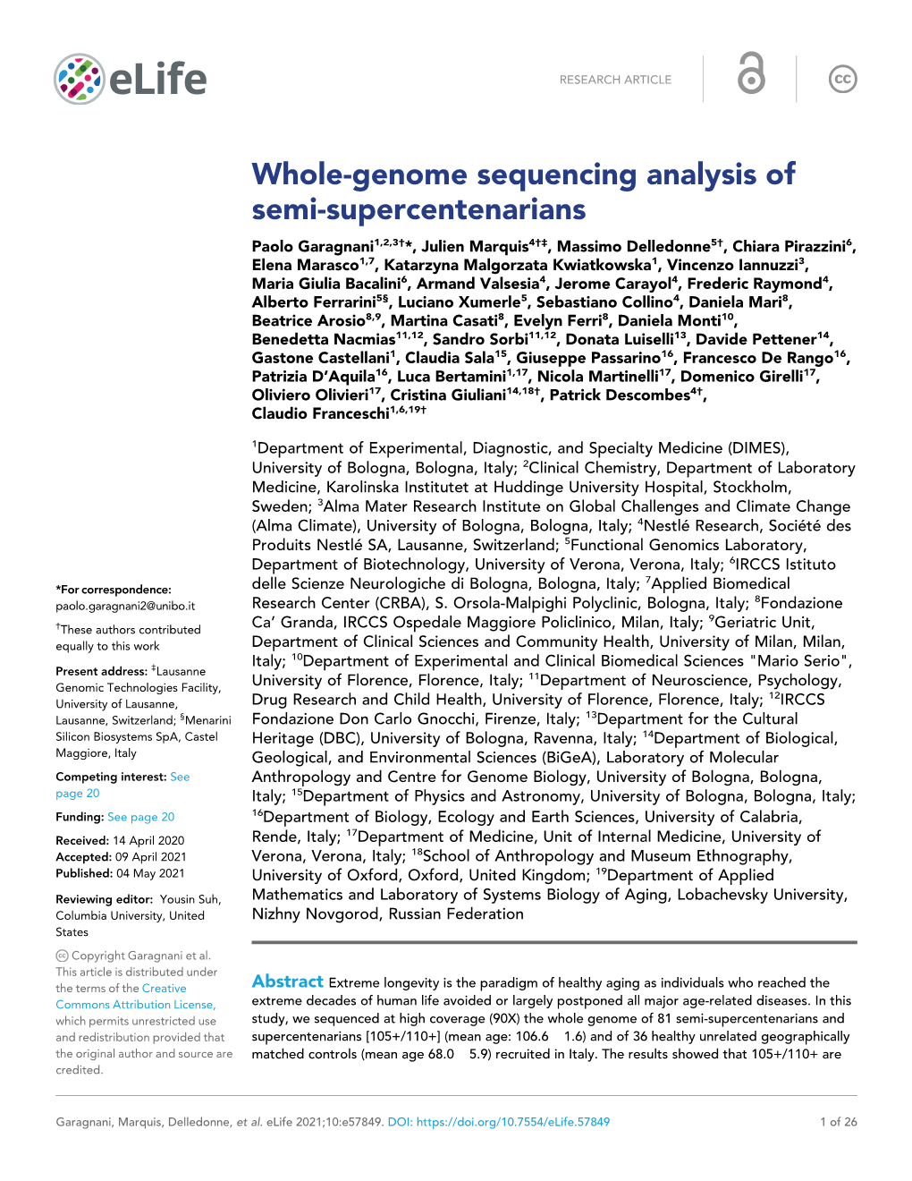 Whole-Genome Sequencing Analysis of Semi-Supercentenarians