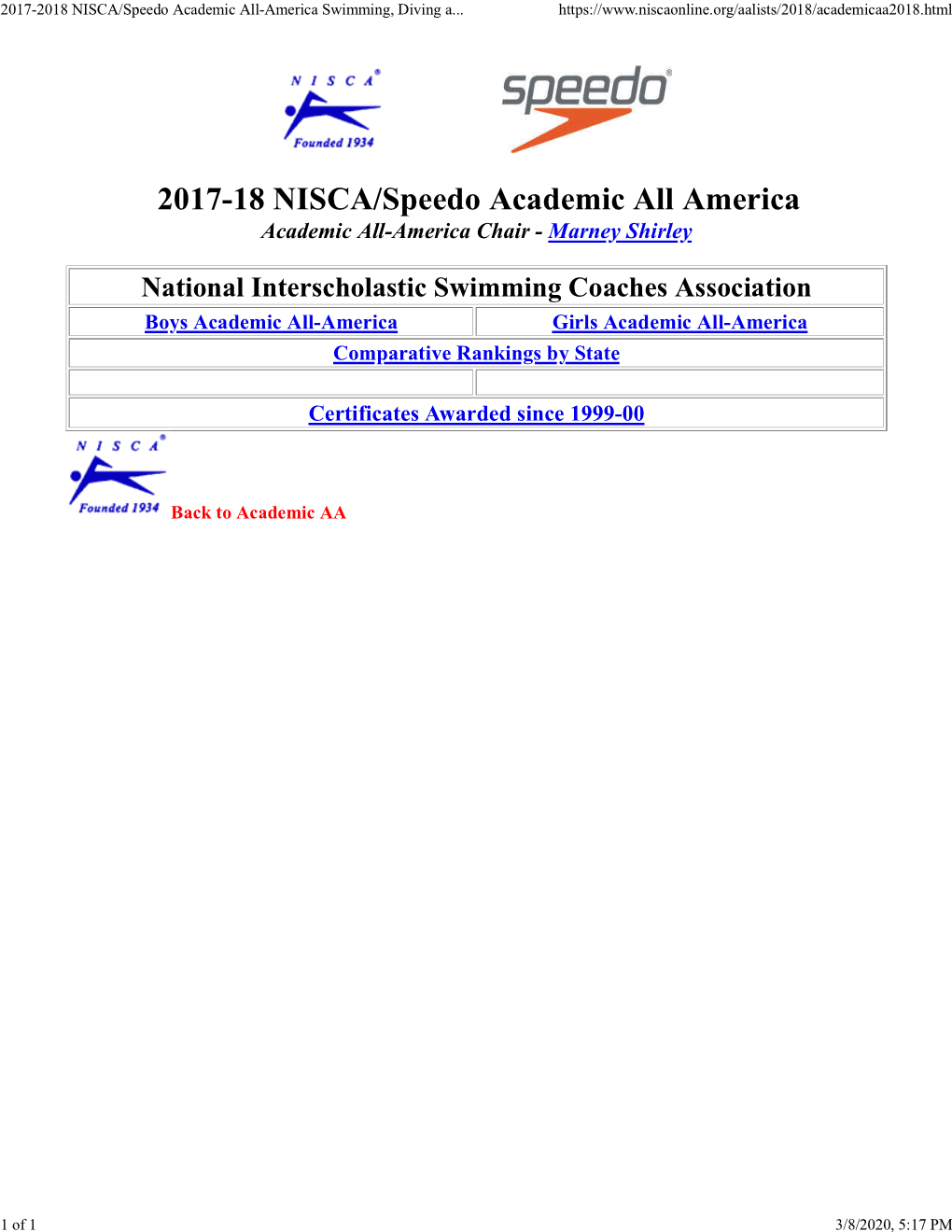 2017-2018 NISCA/Speedo Academic All-America Swimming, Diving And