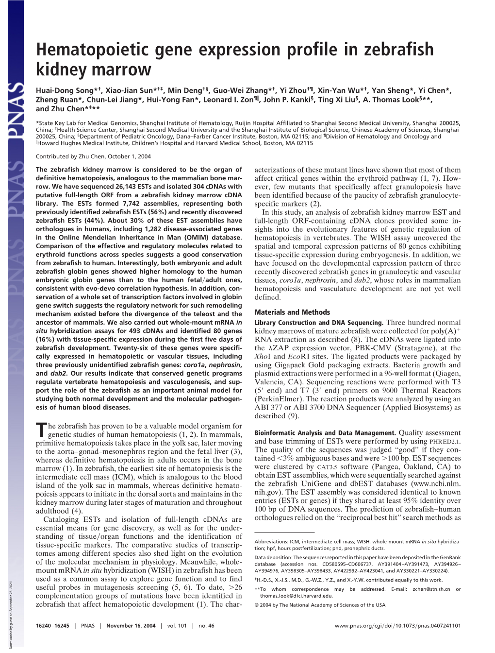 Hematopoietic Gene Expression Profile in Zebrafish Kidney Marrow