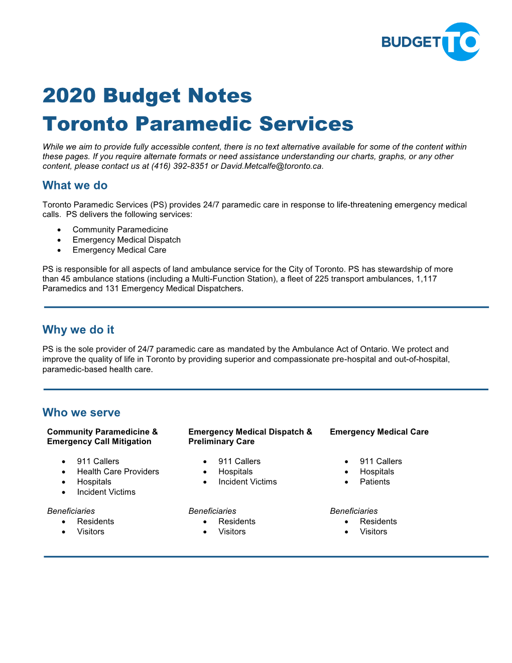 2020 Staff Recommended Capital and Operating Budget Notes – Toronto Paramedics Services