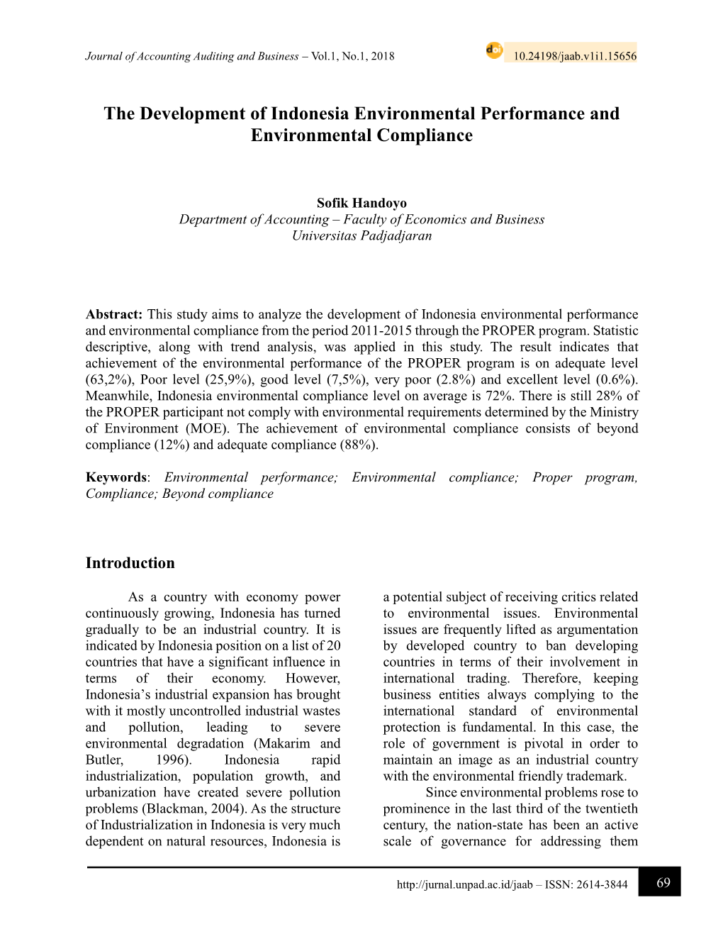 The Development of Indonesia Environmental Performance and Environmental Compliance