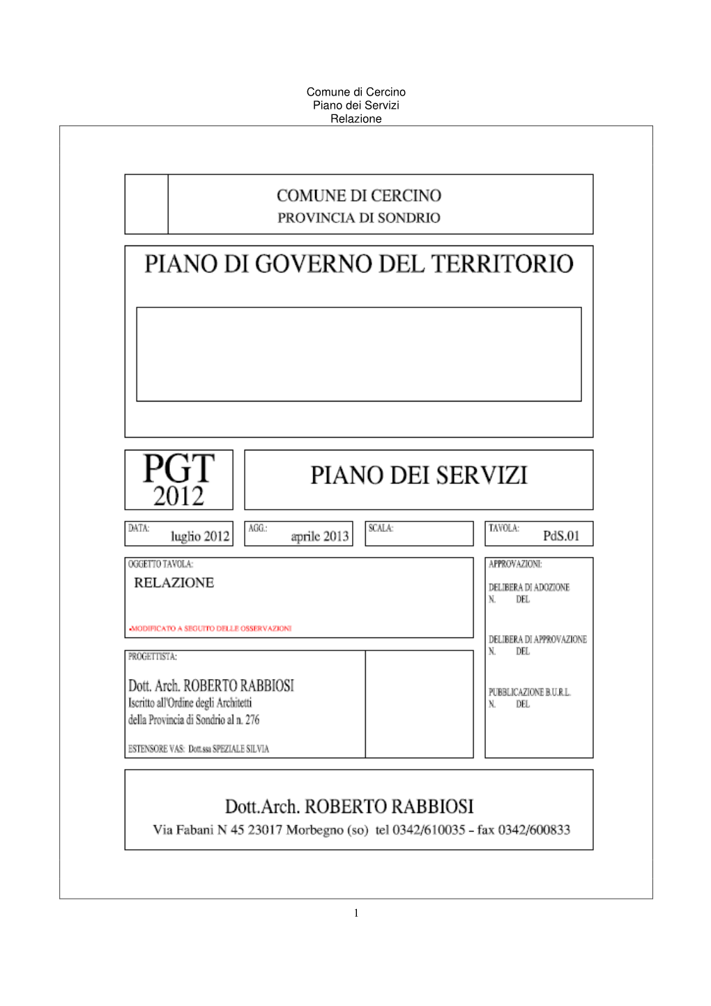 Comune Di Cercino Piano Dei Servizi Relazione 1