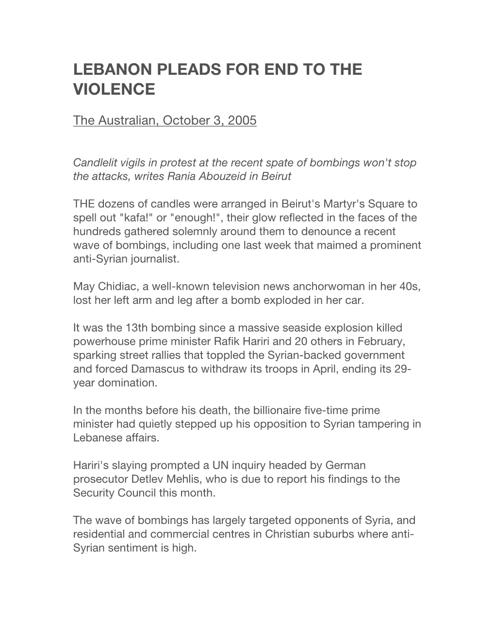 Lebanon Pleads for End to the Violence