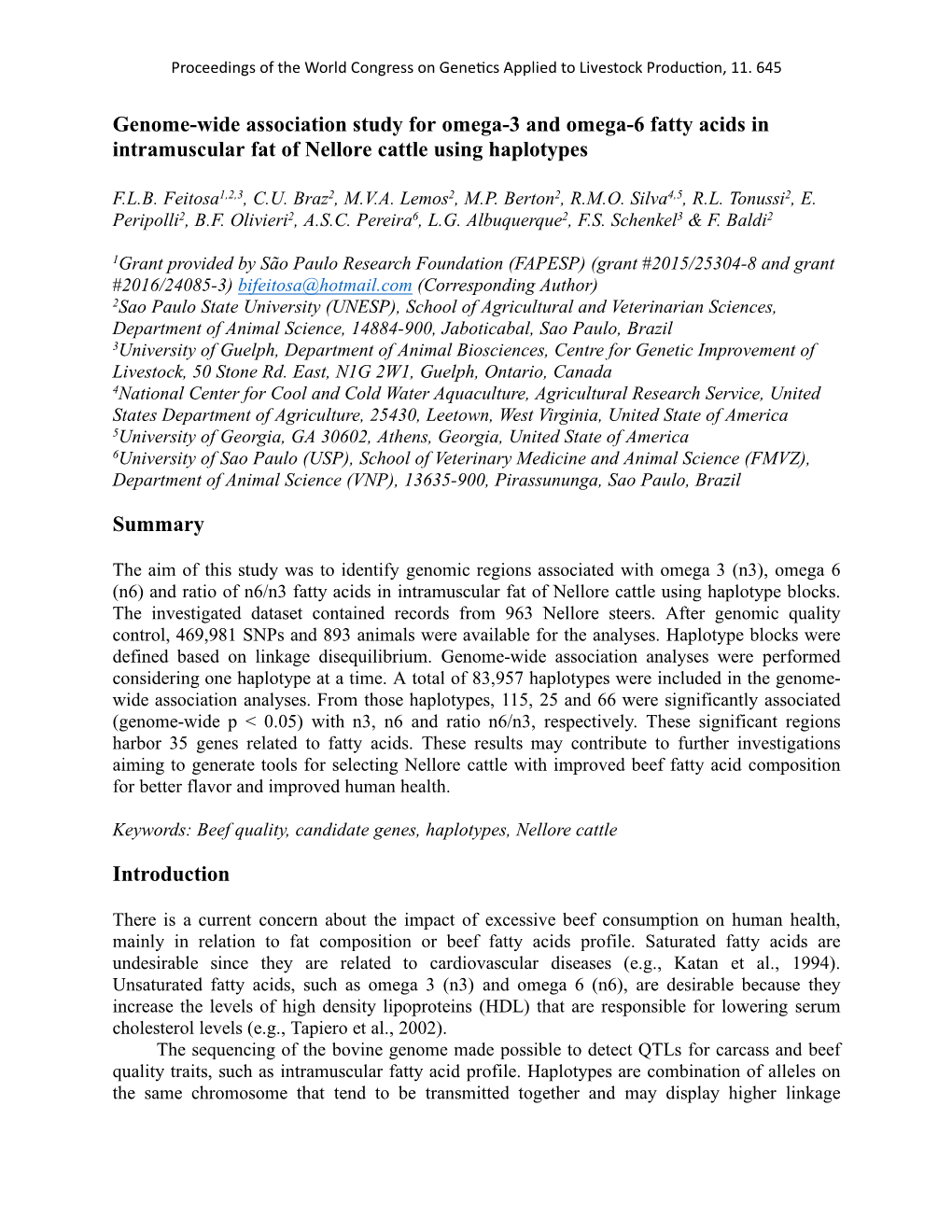 Genome-Wide Association Study for Omega-3 and Omega-6 Fatty Acids in Intramuscular Fat of Nellore Cattle Using Haplotypes