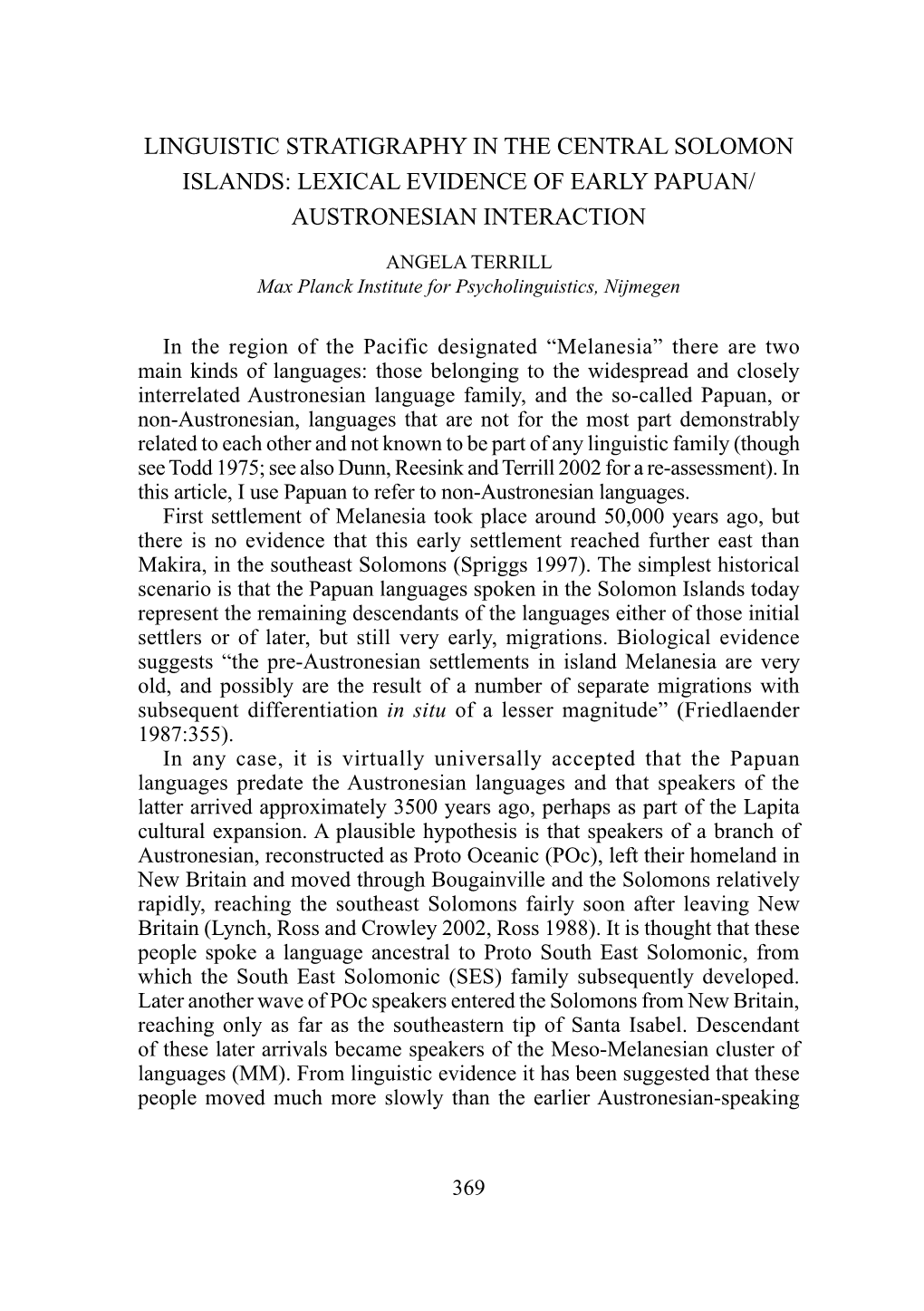 Linguistic Stratigraphy in the Central Solomon Islands: Lexical Evidence of Early Papuan/ Austronesian Interaction