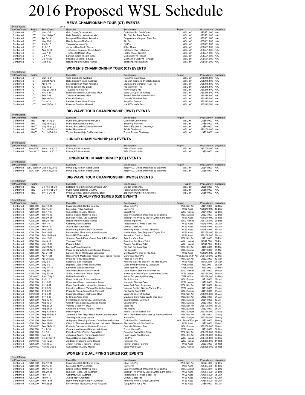 2016 Proposed WSL Schedule