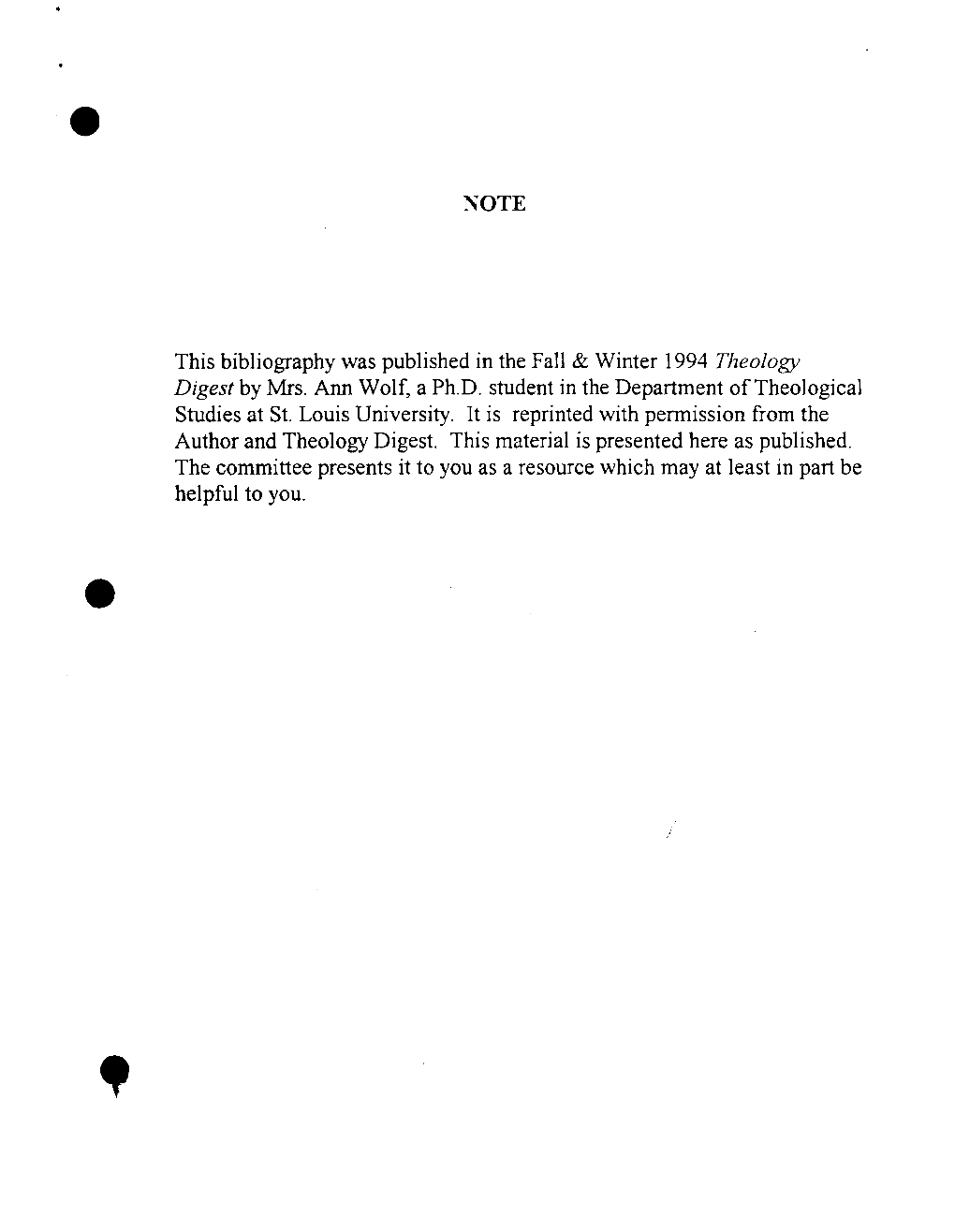 NOTE This Bibliography Was Published in the Fall & Winter 1994