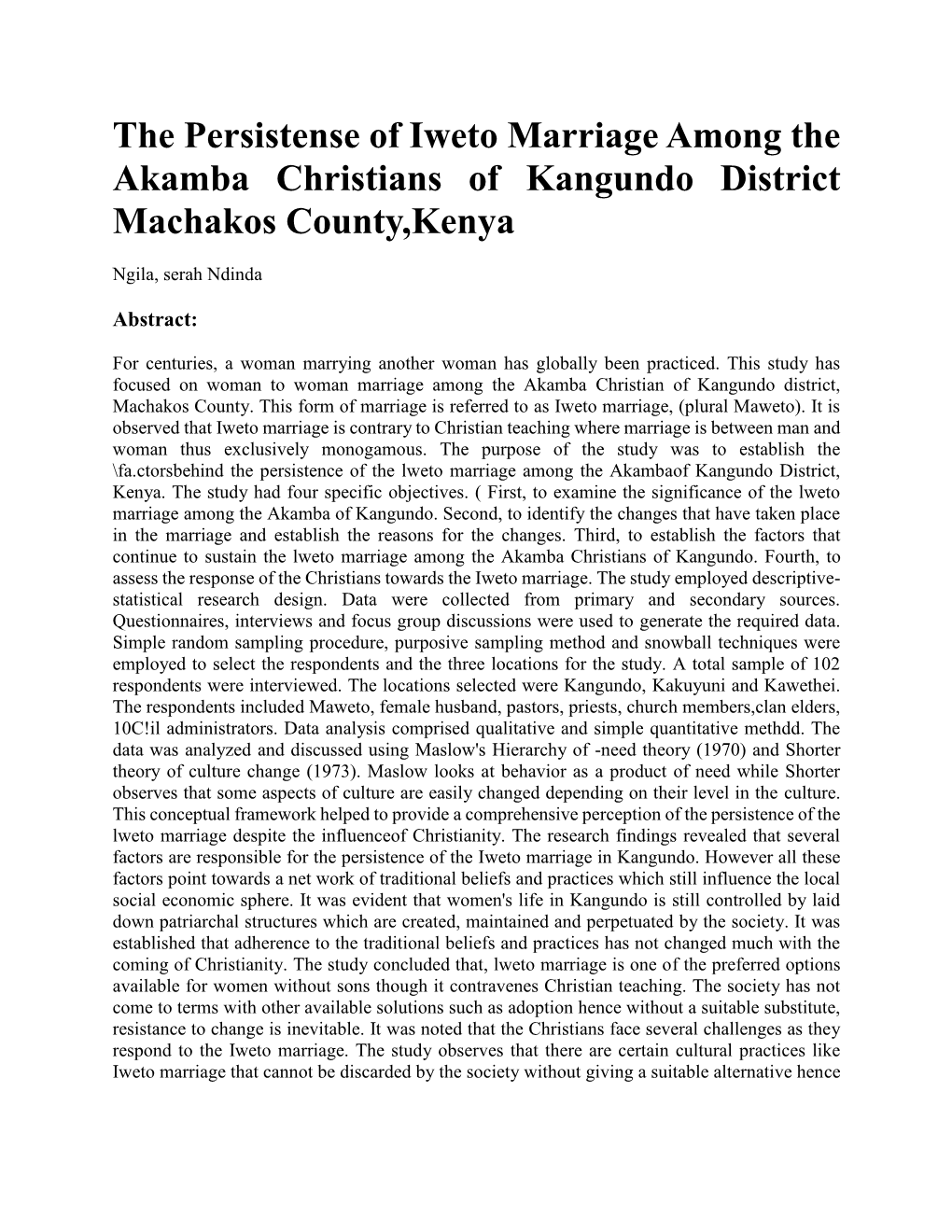 The Persistense of Iweto Marriage Among the Akamba Christians of Kangundo District Machakos County,Kenya