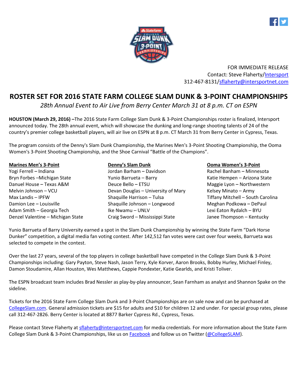 Roster Set for 2016 State Farm College Slam Dunk & 3