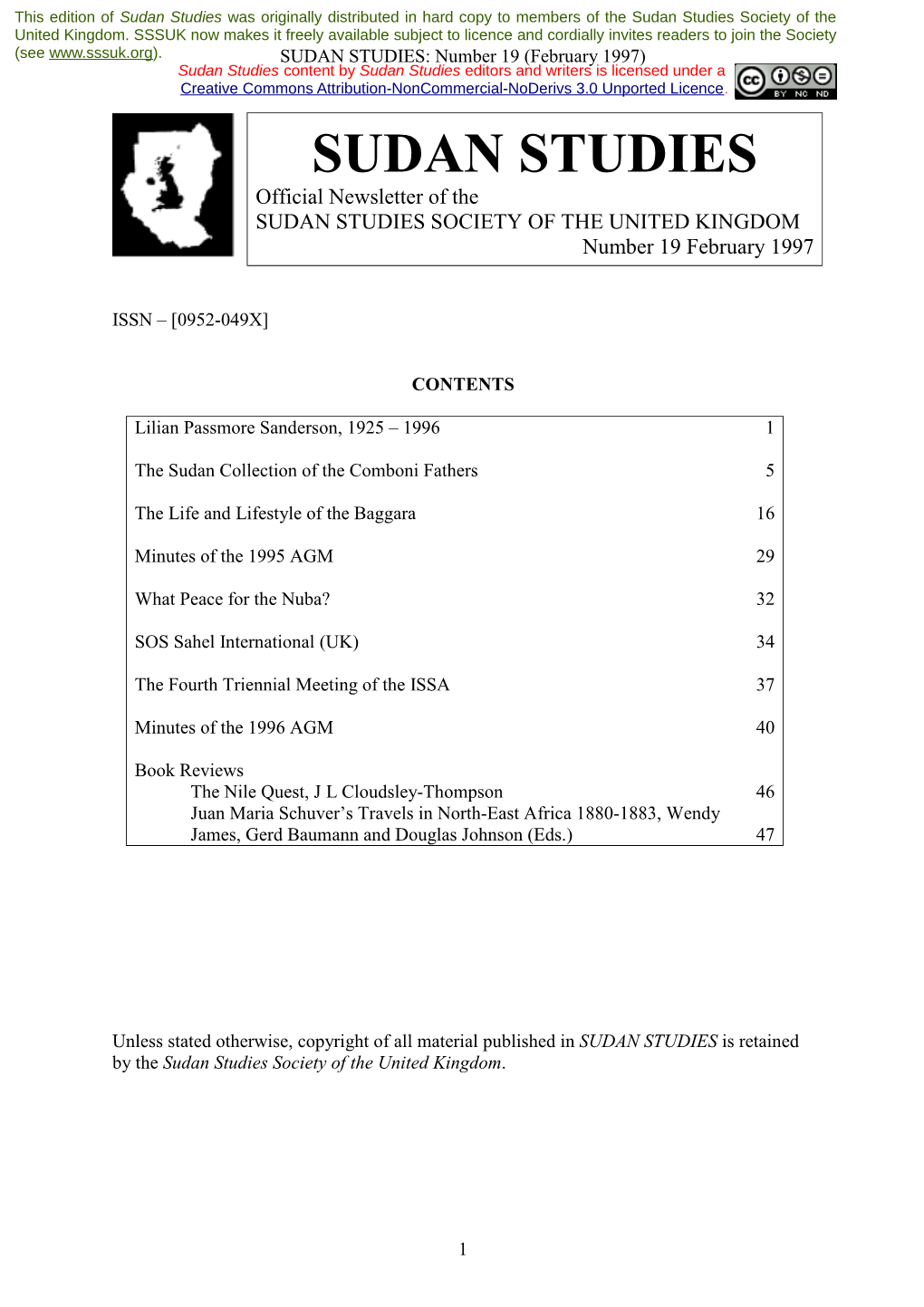 Sudan Studies Was Originally Distributed in Hard Copy to Members of the Sudan Studies Society of the United Kingdom