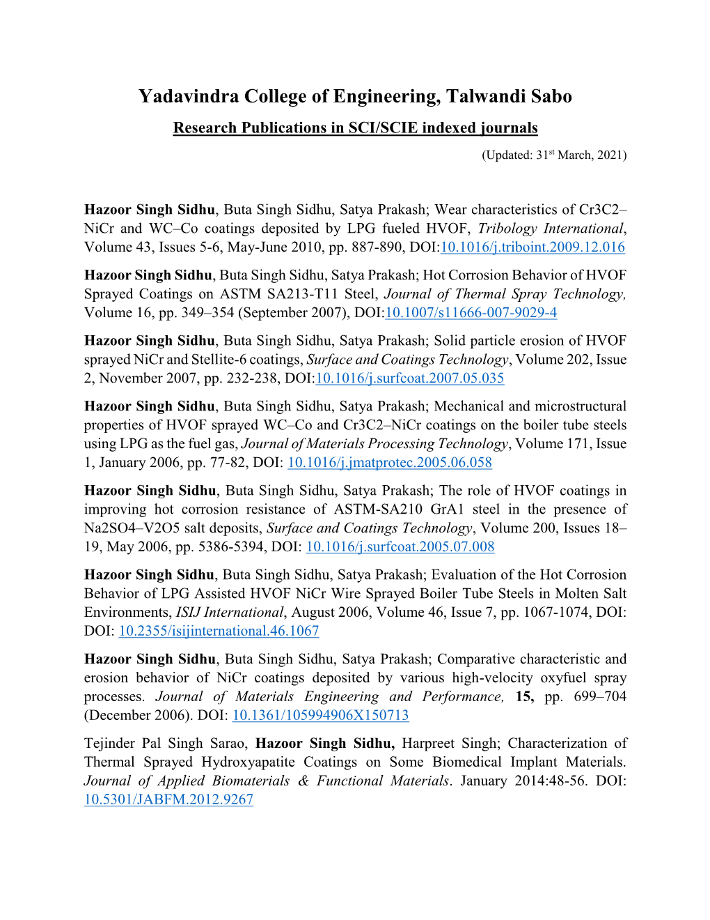 Yadavindra College of Engineering, Talwandi Sabo Research Publications in SCI/SCIE Indexed Journals (Updated: 31St March, 2021)
