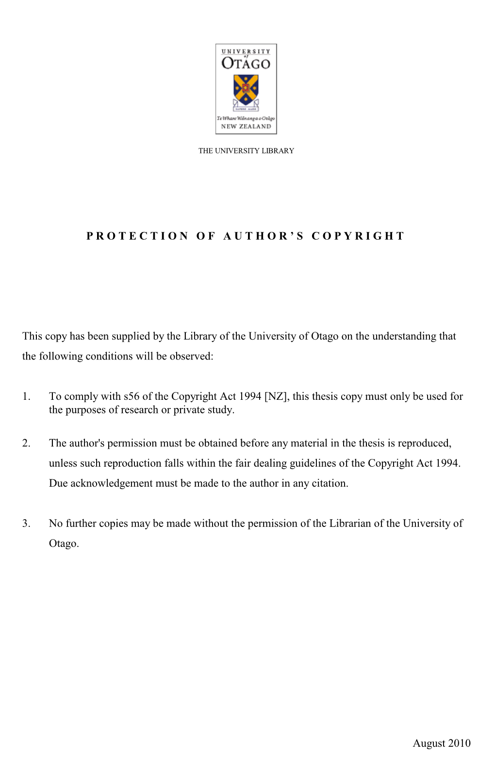 August 2010 PROTECTION of AUTHOR ' S C O P Y R I G H T This