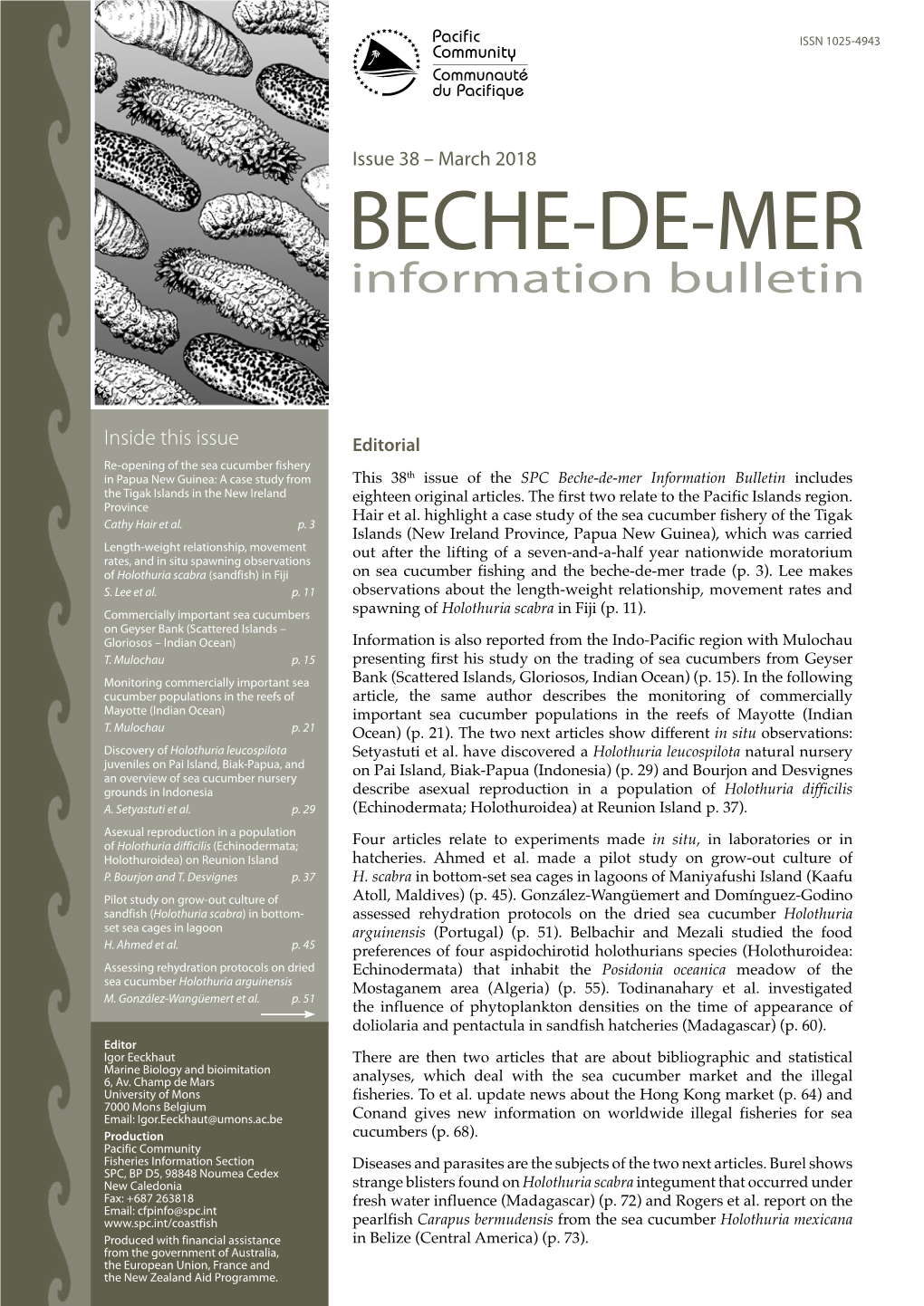 SPC Beche-De-Mer Information Bulletin Includes the Tigak Islands in the New Ireland Province Eighteen Original Articles