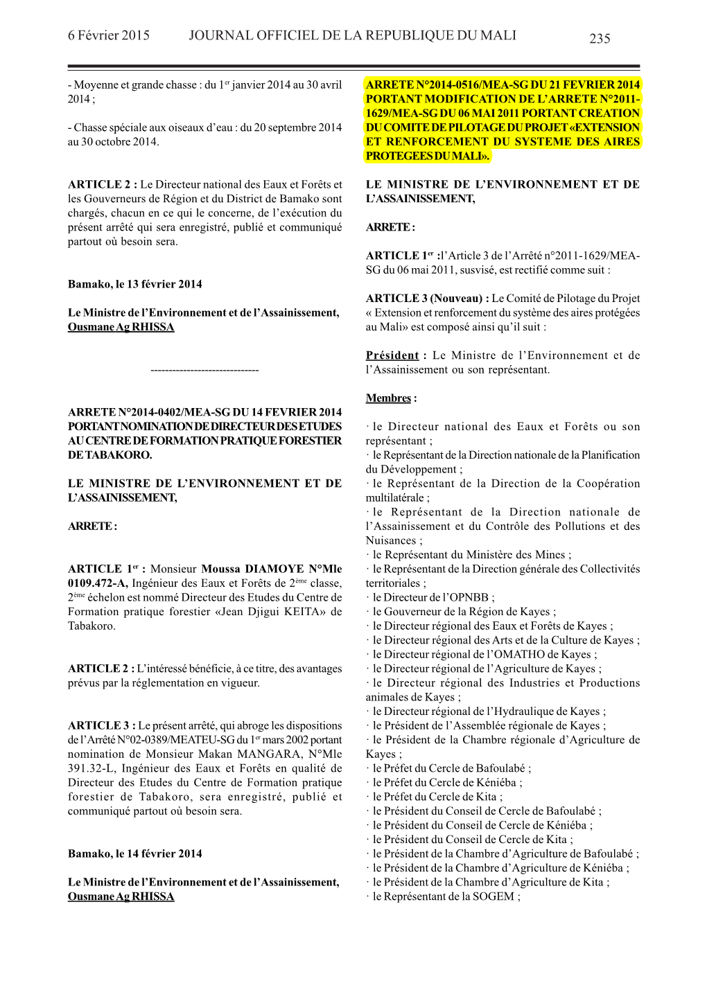 235 6 Février 2015 JOURNAL OFFICIEL DE LA REPUBLIQUE DU