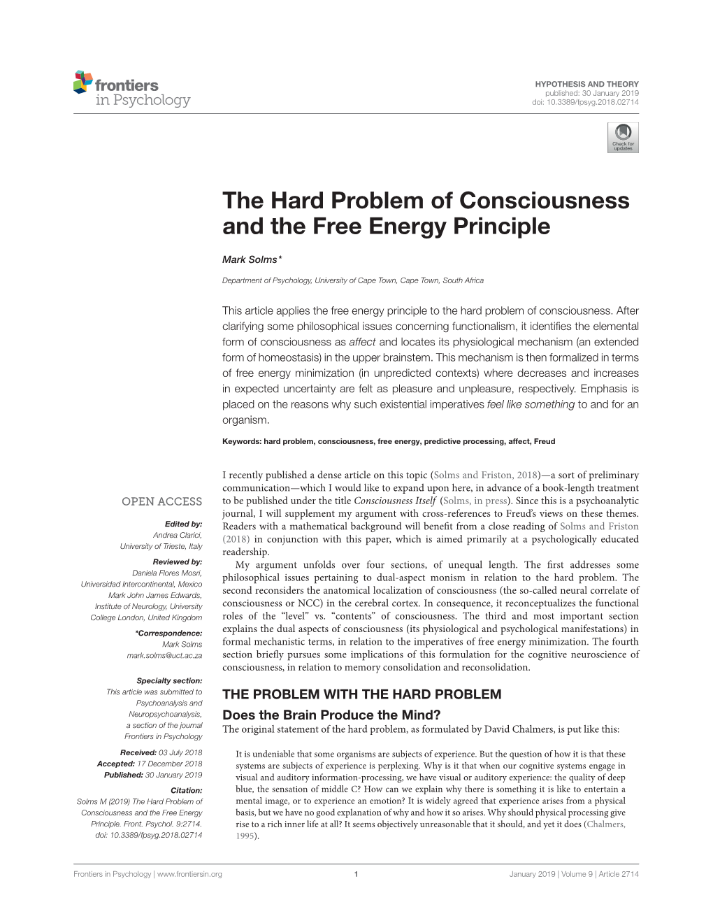 The Hard Problem of Consciousness and the Free Energy Principle