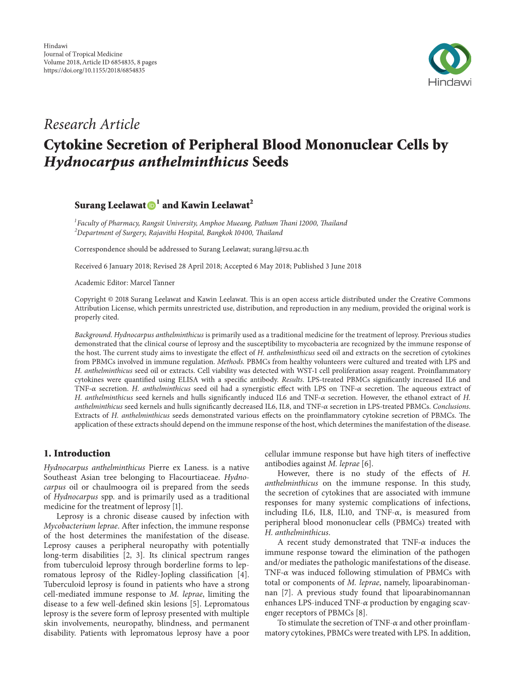 Cytokine Secretion of Peripheral Blood Mononuclear Cells by Hydnocarpus Anthelminthicus Seeds