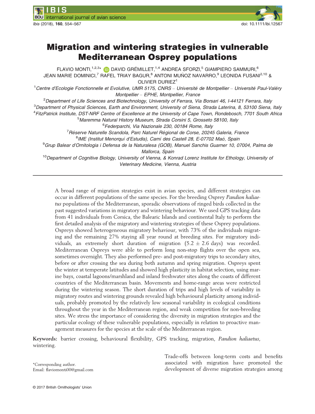 Migration and Wintering Strategies in Vulnerable Mediterranean Osprey Populations