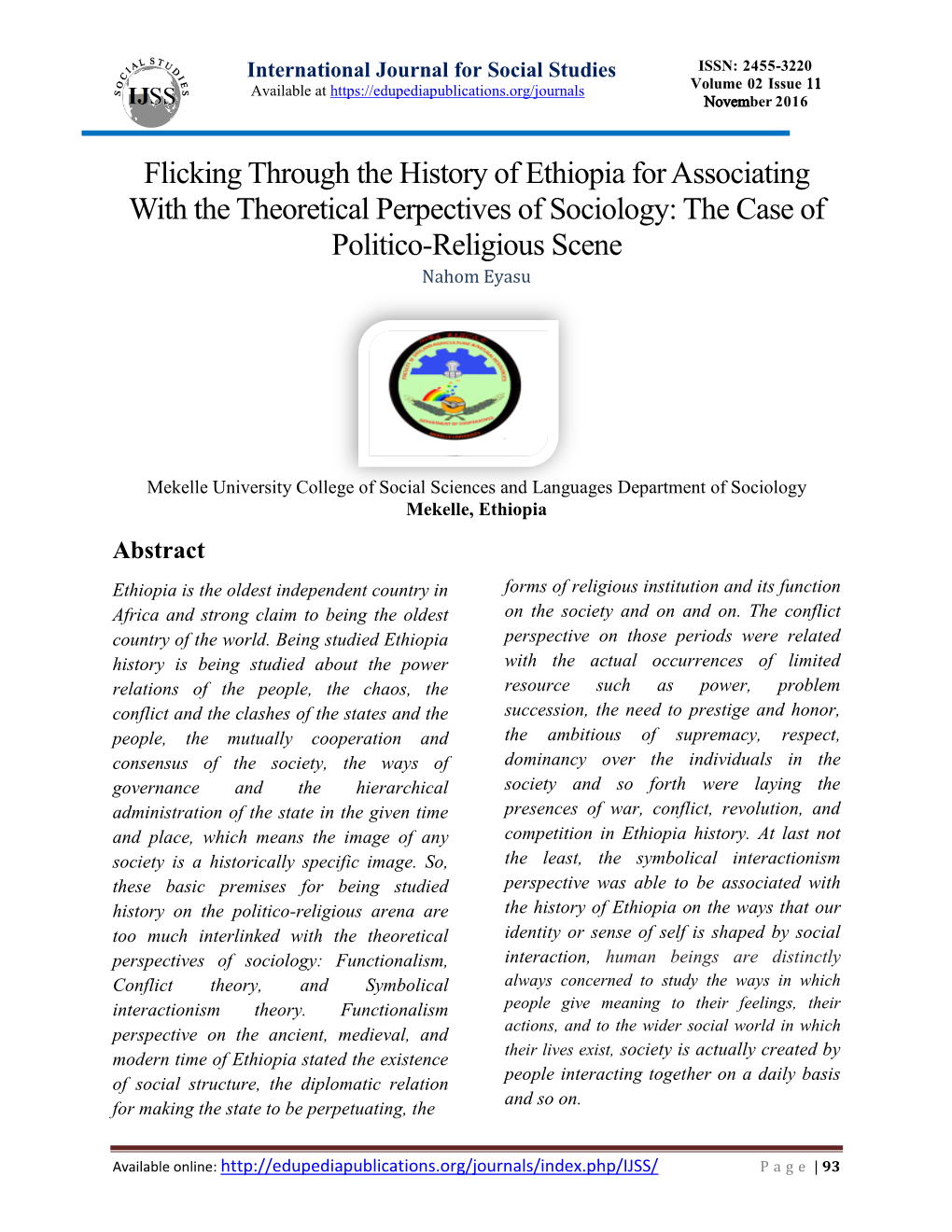 Flicking Through the History of Ethiopia for Associating with the Theoretical Perpectives of Sociology: the Case of Politico-Religious Scene Nahom Eyasu
