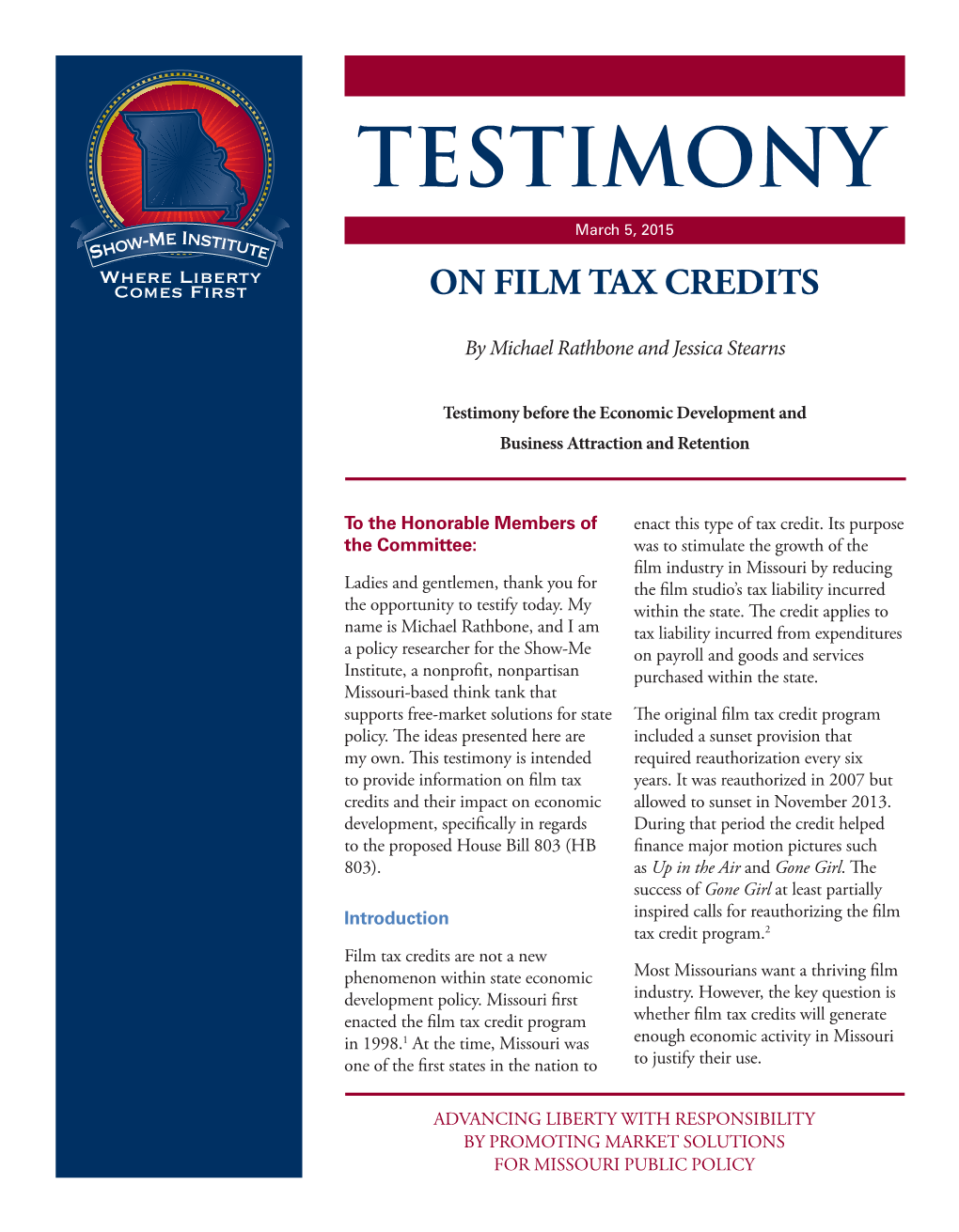 TESTIMONY March 5, 2015 on FILM TAX CREDITS