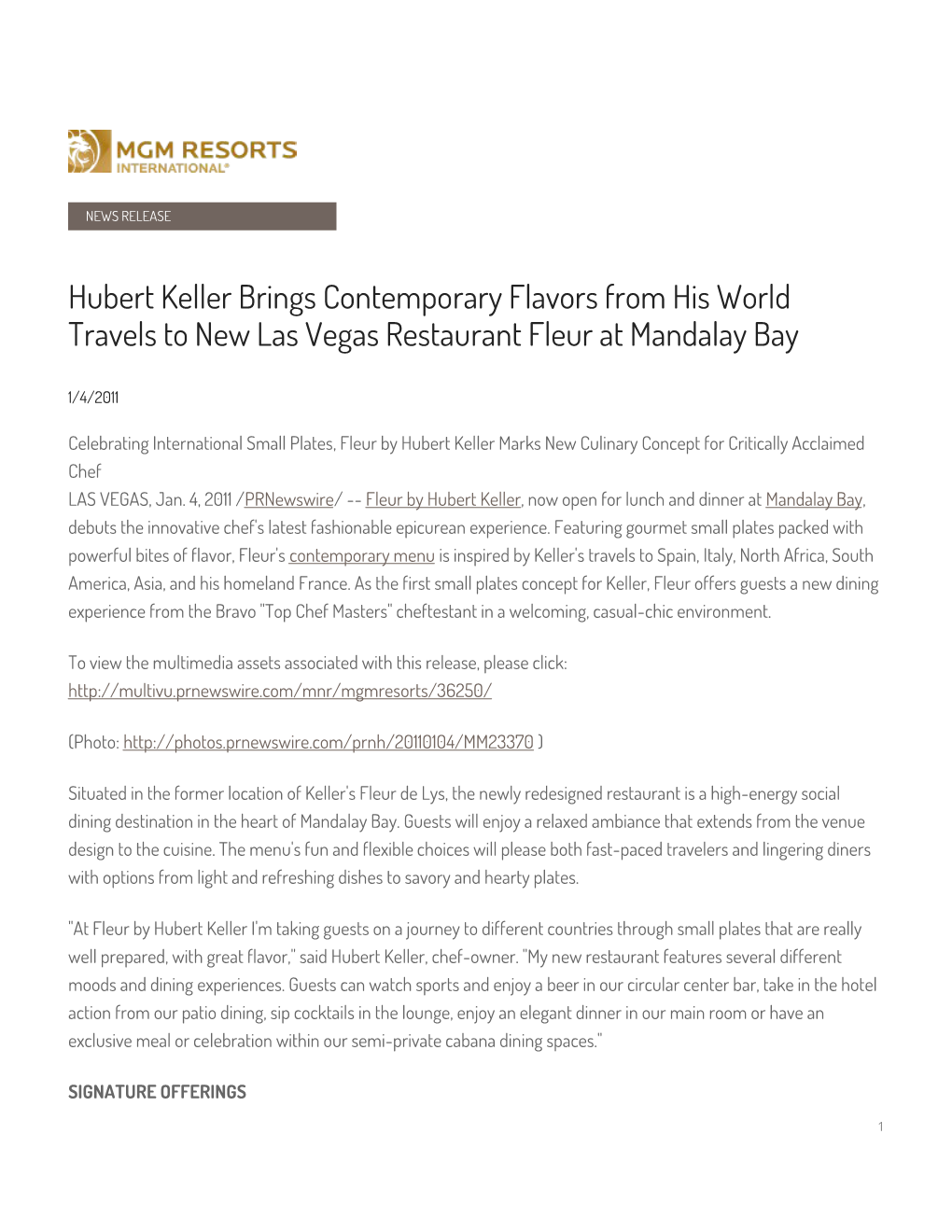 Hubert Keller Brings Contemporary Flavors from His World Travels to New Las Vegas Restaurant Fleur at Mandalay Bay