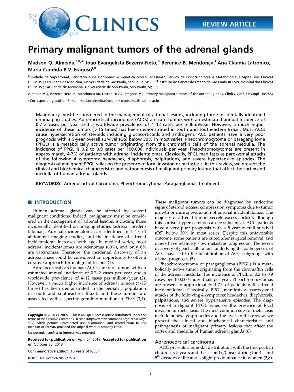 Primary Malignant Tumors of the Adrenal Glands