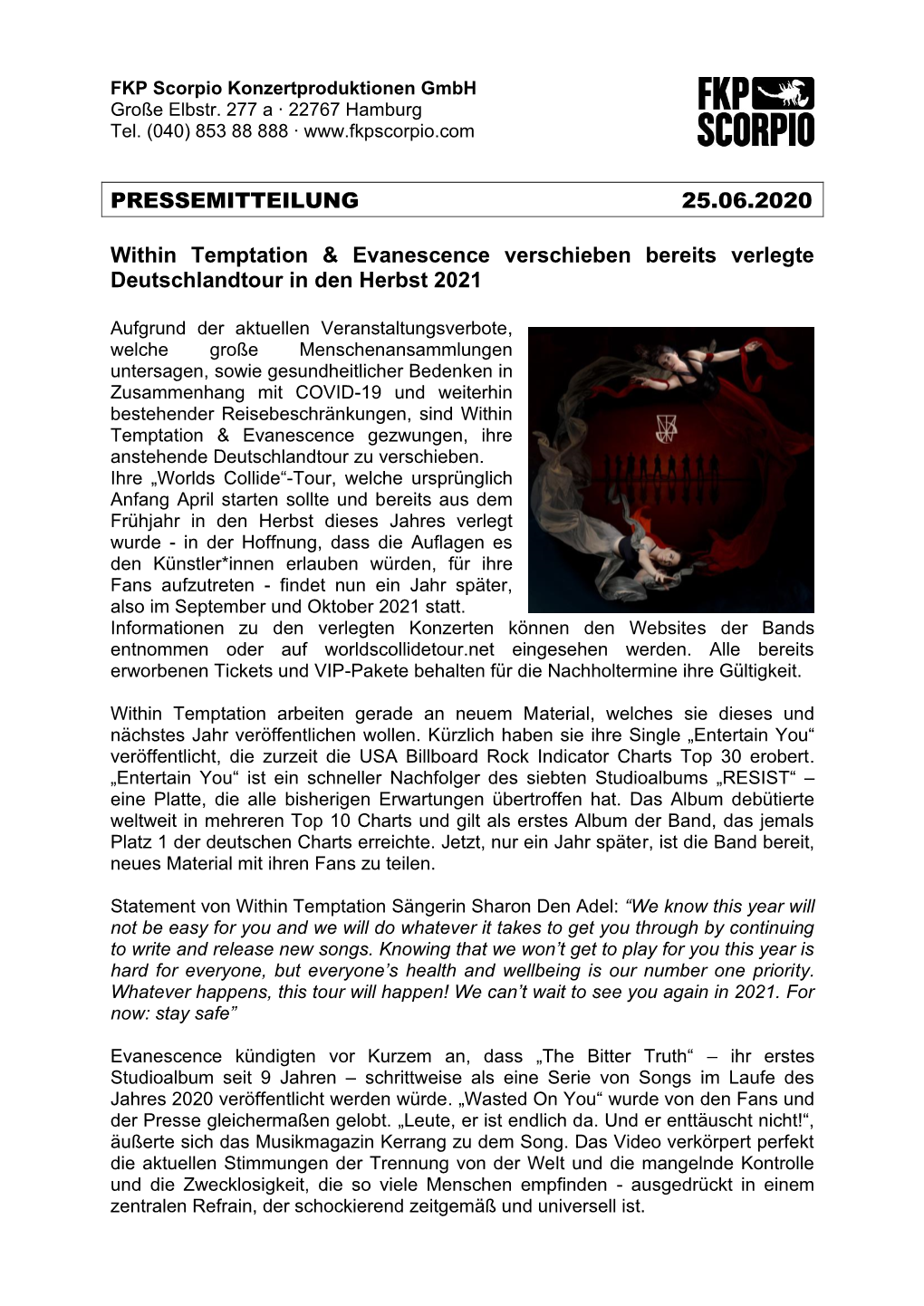 PRESSEMITTEILUNG 25.06.2020 Within Temptation & Evanescence Verschieben Bereits Verlegte Deutschlandtour in Den Herbst 2021