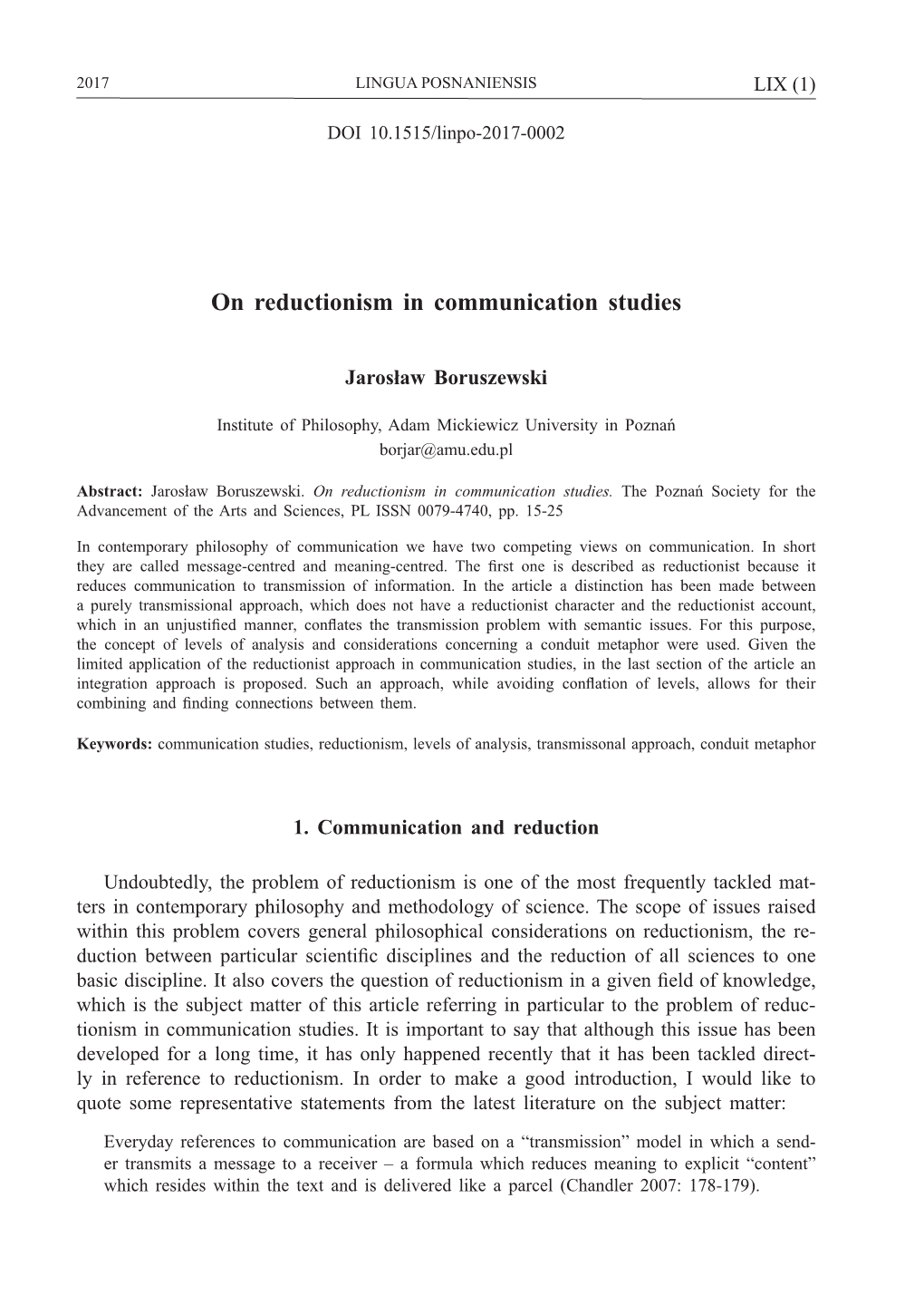 On Reductionism in Communication Studies