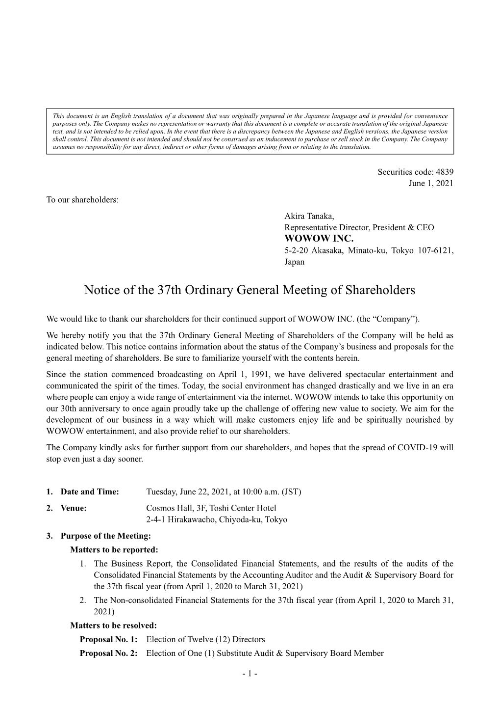 Notice of the 37Th Ordinary General Meeting of Shareholders
